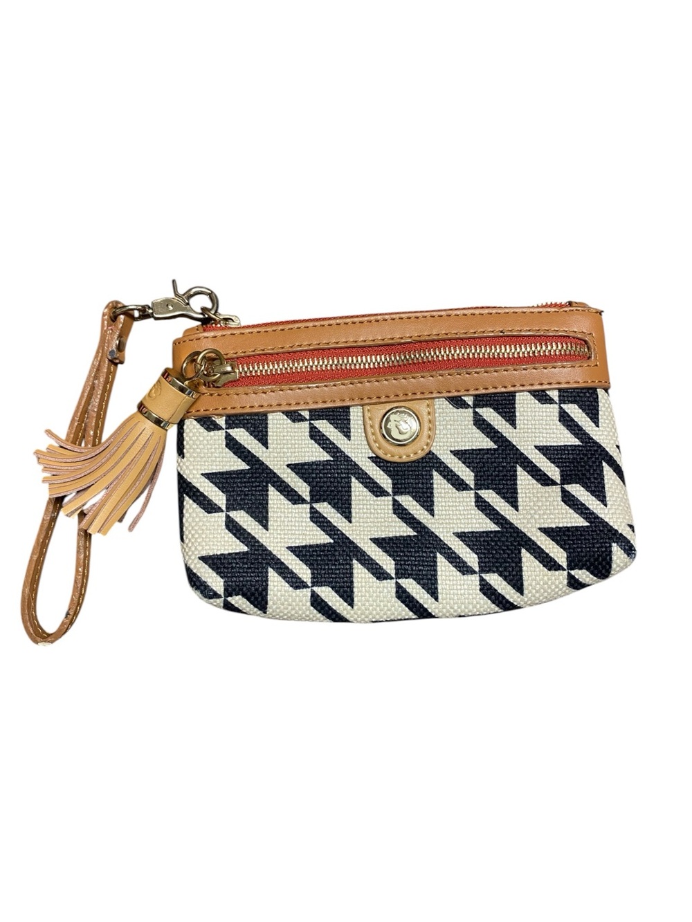 Spartina 449 Black & Cream Houndstooth Wristlet with Tan Leather Trim